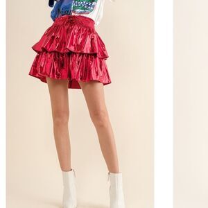Red Metallic Tiered Ruffle Mini Skirt